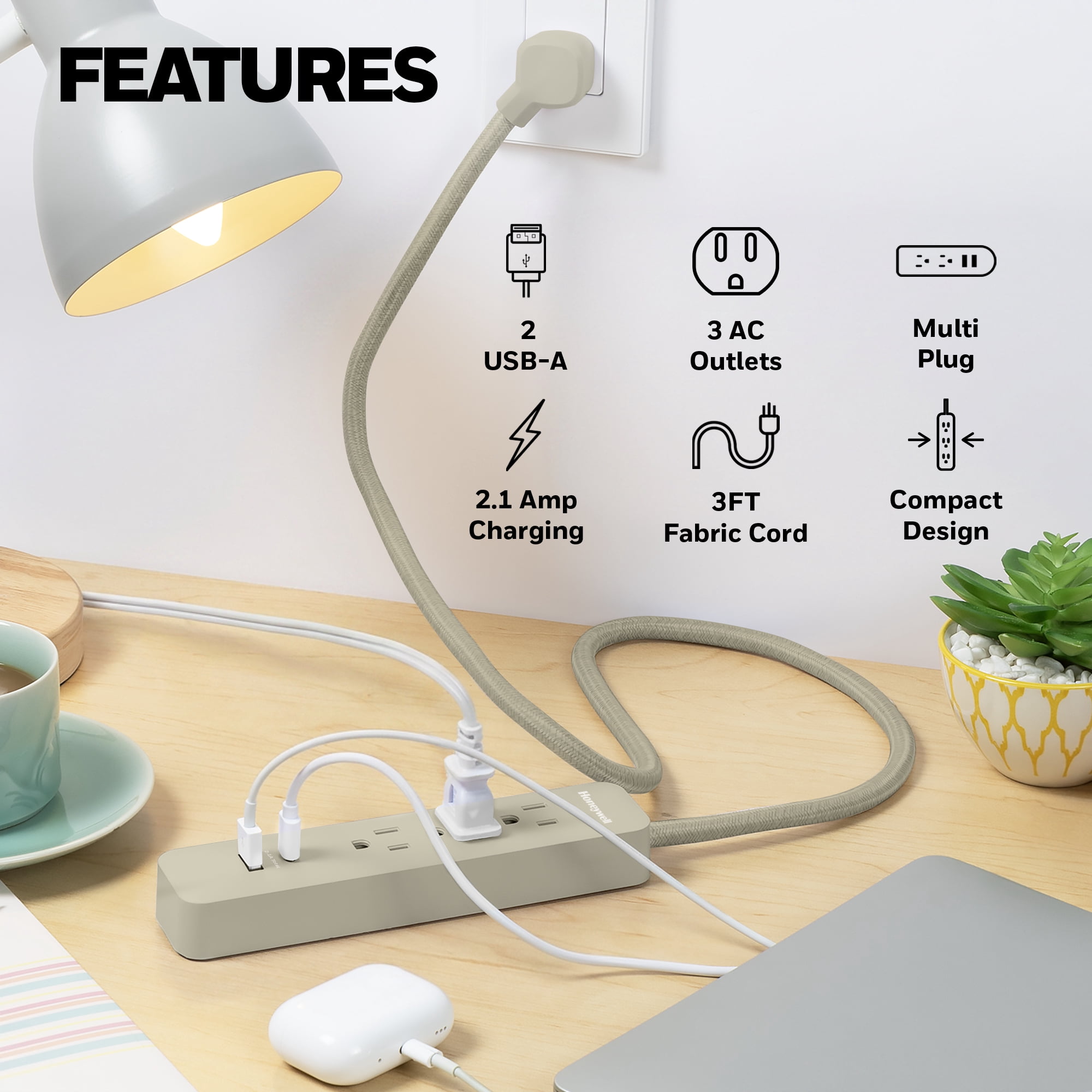 2-in-1 Pack Power Strips with Taupe Finish - 9 Outlets & USB Ports