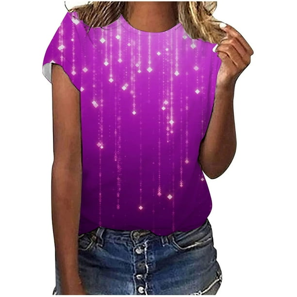 Blusa de manga corta con estampado digital de cuello redondo casual para mujer Pompotops hkajfhjk461675