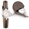 Ladies Topstitched Brown Leather Watch & Clock Set, White Dial
