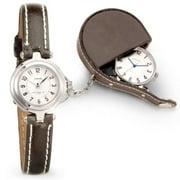 Ladies Topstitched Brown Leather Watch & Clock Set, White Dial