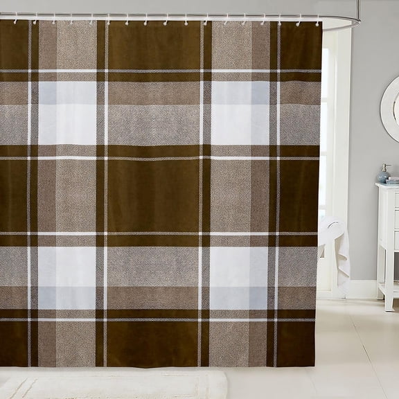 Brown Plaid Fabric Shower Curtain for Bathroom 71x71 inches