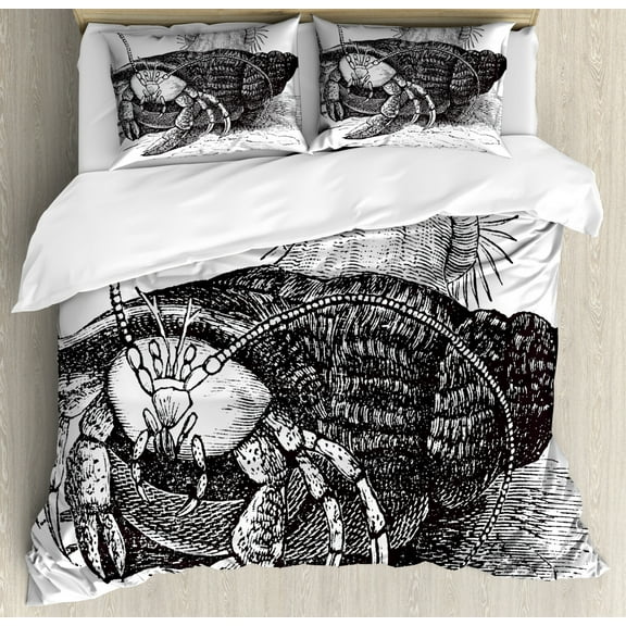Hermit Crab Duvet Cover Set King Size, Monochrome Pencil Drawing Illustration of a Crab Dragging Sea Anemones, Decorative 3 Piece Bedding Set with 2 Pillow Shams, Charcoal Grey White, by Ambesonne