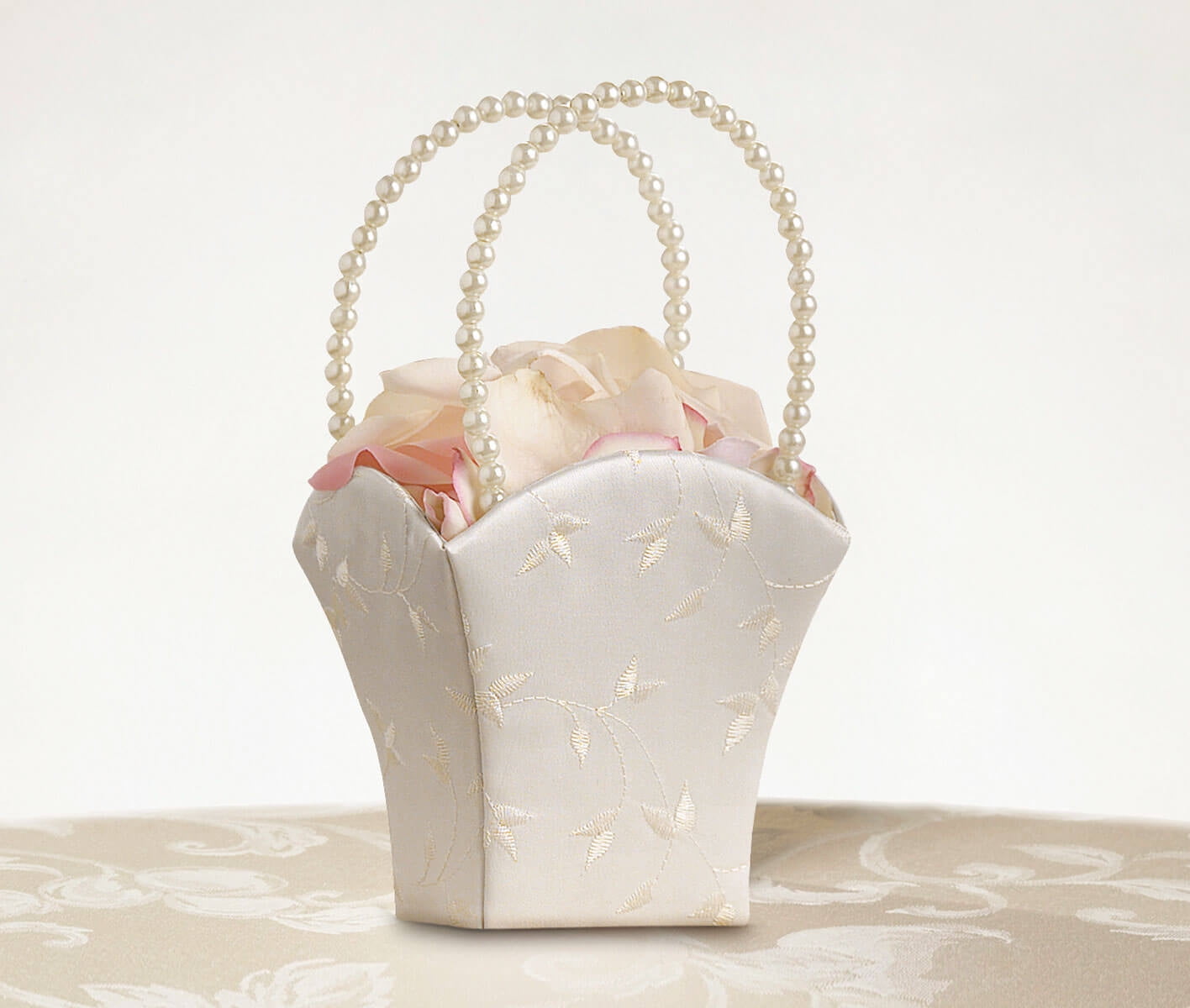 Ivory Vine Flower Girl Basket Pearl Handle Embroidered Wedding Basket 