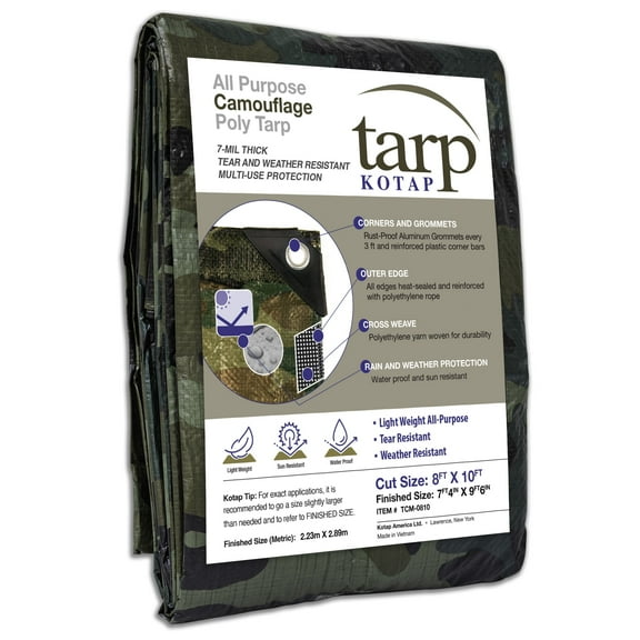 KOTAP 8 x 10 Ft. All-Purpose 7-mil Poly Tarp, Camouflage, Waterproof, Green/Black, TCM-0810