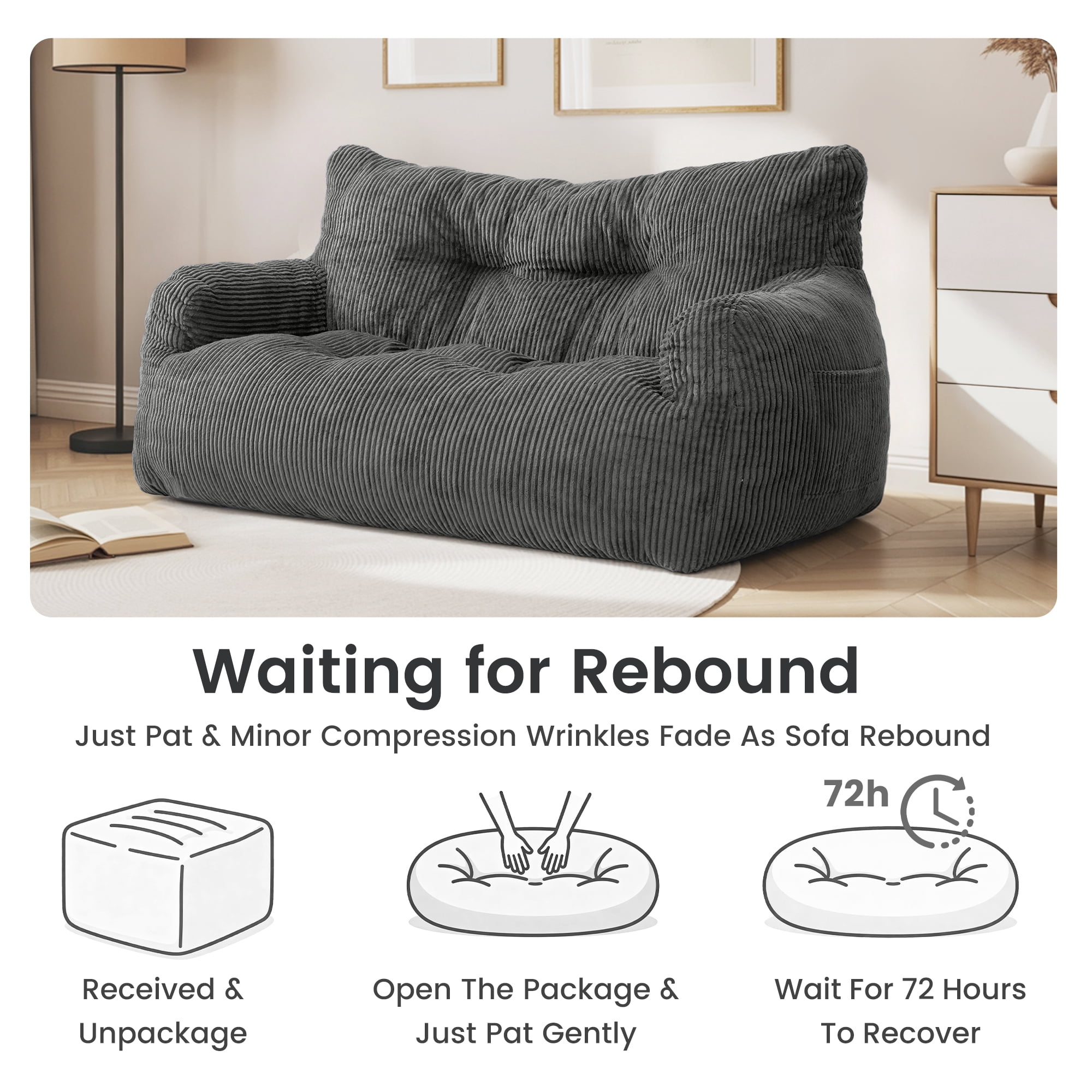 PamapicLife 2-Person Chill Plush Corduroy Bean Bag Sofa, Gray