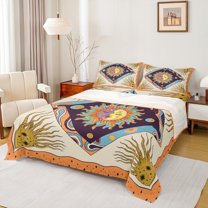 Manfei Boho Sun Queen Sheet Sets,bohemian Exotic Style Flat Sheet,Beige Orange Queen Fitted Sheet For Men Women,Breathable Home Decor,4pcs