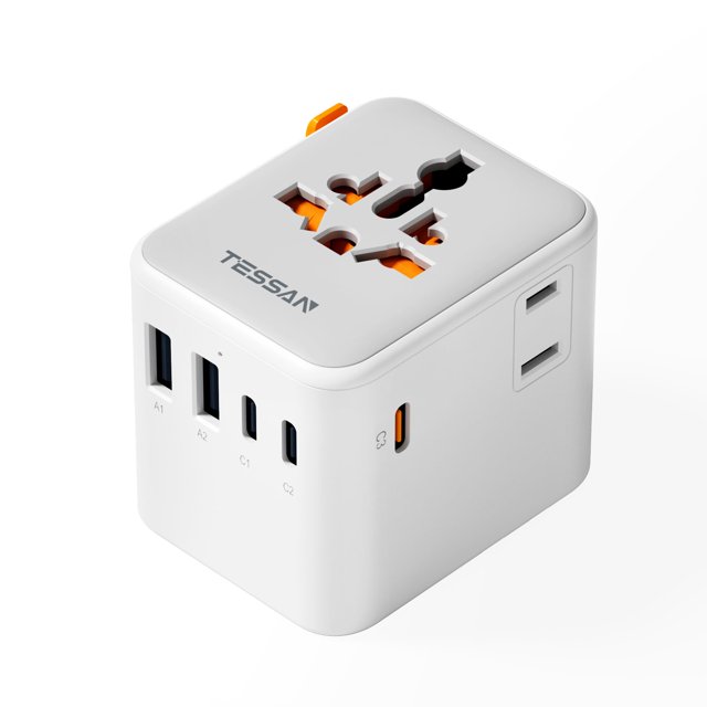 Adaptador de viaje TESSAN GaN de 65 W con 2 salidas AC y 5 puertos USB