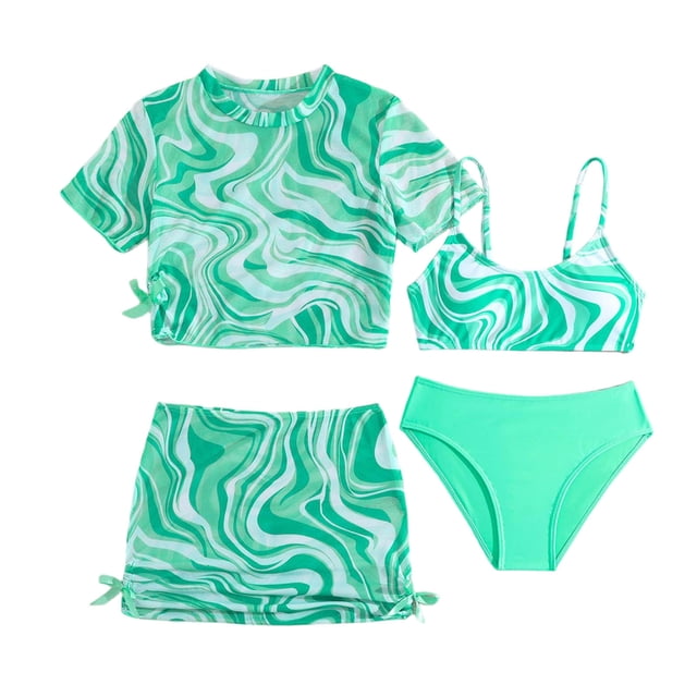 Odeerbi 8-14 Años Niñas 4 Piezas Traje de Baño Conjunto de Verano Corbata-Tinte Bikini Set + Cubrir Tops + Sarong Cubiertas