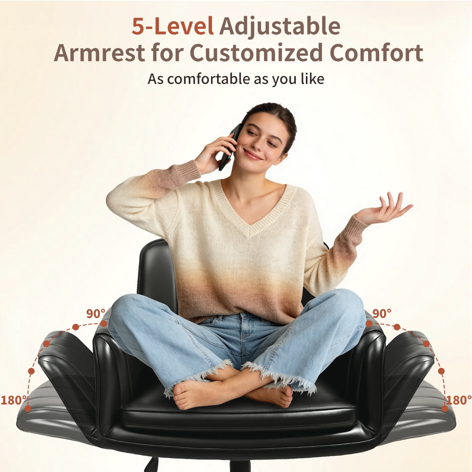 BOSSIN Black Criss Cross Chair with Armrests & Wheels,Foldable Armrest PU Leather Vanity Chair – Thickened Swivel Office Desk Chair for Home, Makeup Room & Bedroom