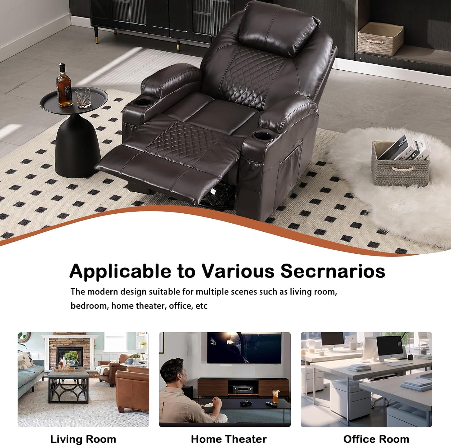 QJTC Power Rocker Recliner Chair with Heat and Massage, 240° Swivel Recliner Chair with Cup Holder/LED Lights/USB Ports, Brown