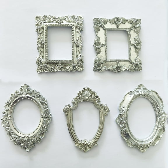 5 Pcs Siver Mini Frames Vintage Flower Round Rectangle Baroque Picture Frame Table Top Jewelry Display Frame for Christmas Holiday Party Hotel Decor
