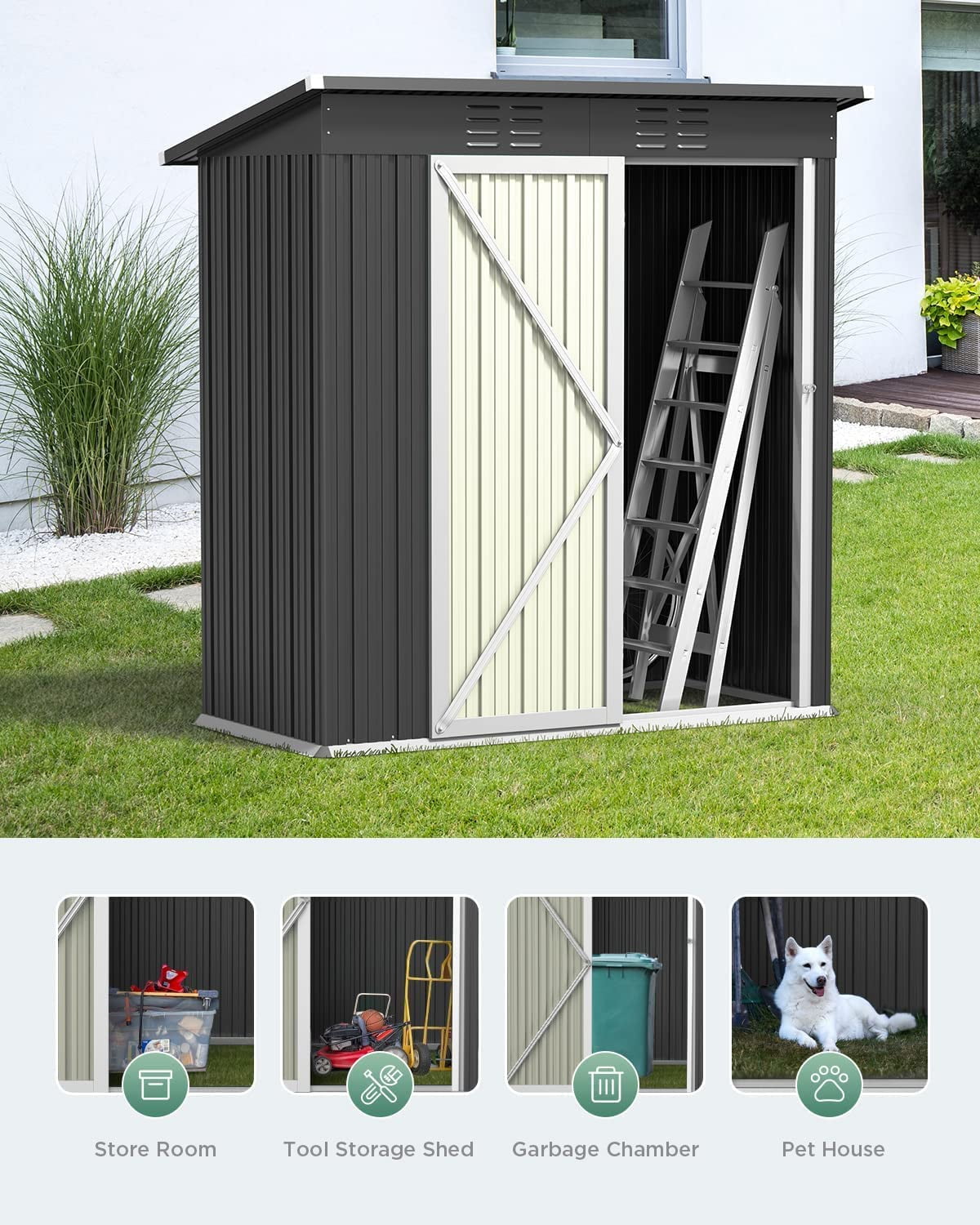 5×3 FT Outdoor Storage Shed,Lofka Steel Garden Shed with Lockable Door and Sloping Roof for Backyard,Patio,Lawn,Poolside, Gray