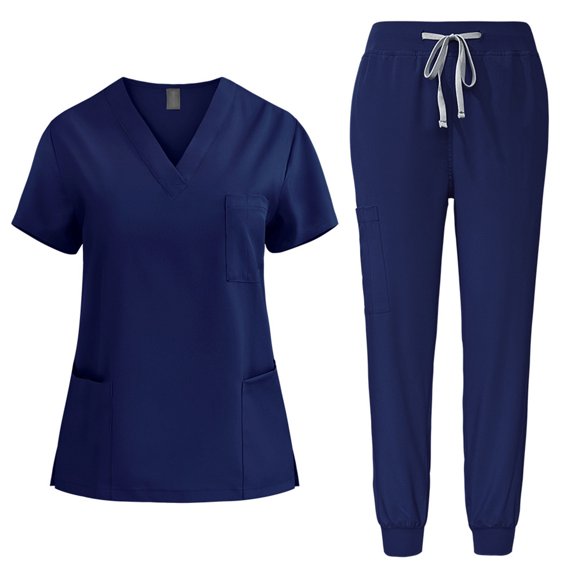 Styesk Scrubs for Women Solid Color Stretchy Scrubs Sets Drawstrings High Waisted Scrub Pants V Neck Short Sleeve Scrub Tops Comfy Scrub Joggers with Pockets 2 Piece Nurse Uniforms Set