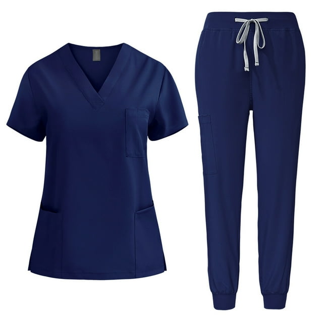 Scrub Sets for Woman 2025 Basic Jogger Scrub Set Nursing Uniform Stretch V-Neck Top & Drawstring Cargo Pants