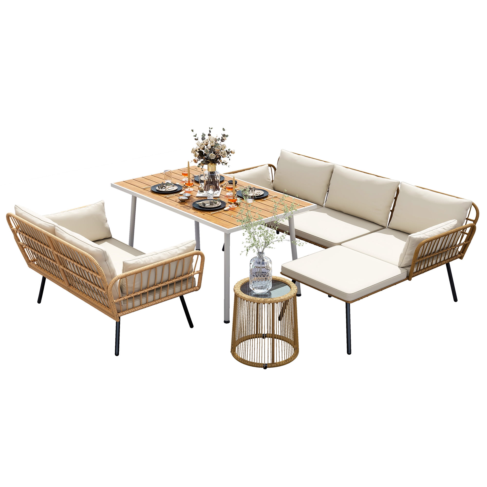 Uforic Patio Furniture Wicker Outdoor Bistro Set, All-Weather Rattan Conversation Loveseat Sofa Chairs and Rectangle Table with Umbrella Hole - Beige