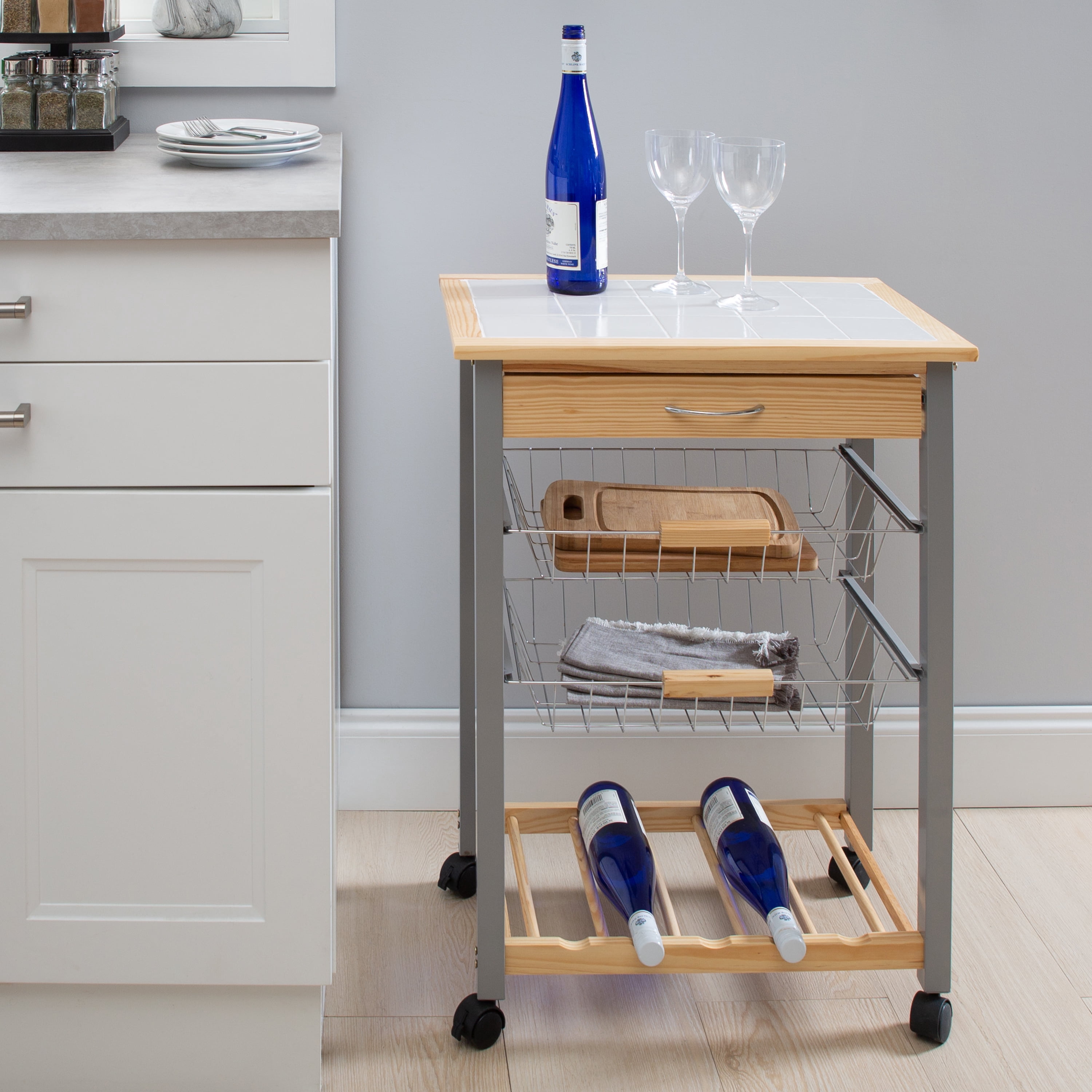 Organize It All Rolling Kitchen Cart with Wine Rack, 22.50" x 14.50" x 30"
