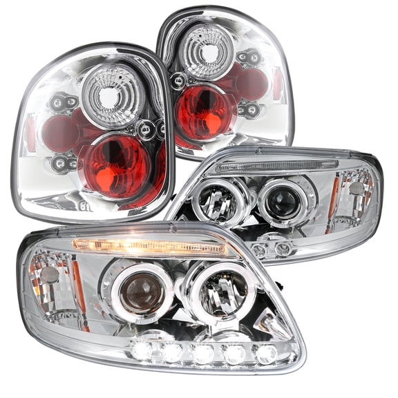 Spec-D Tuning Flareside Chrome Halo Projector Headlight   Clear Rear Tail Brake Lamps Compatible with 1997-2000 Ford F150 Left   Right Pair Headlamps Assembly