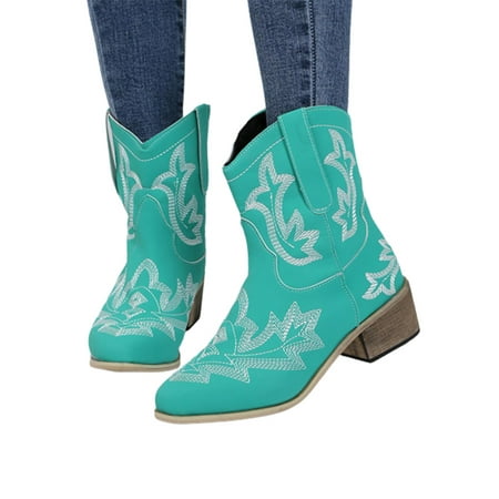 

Shakub Womens Retro Embroidered Cowboy Boots Comfy Pointed Ankle Booties Winter Warmer Shoes