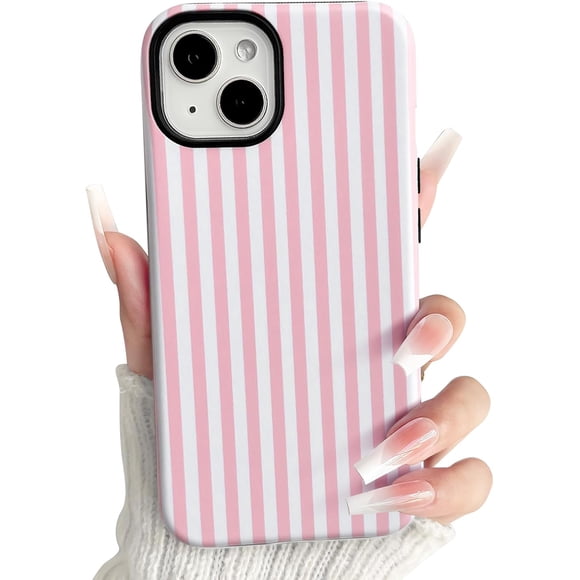 TEMOGU-Compatible with iPhone 14 Plus / 15 Plus Case Matte Cute Vertical Stripes for Women Girls Men Boy Striped Pattern Hybrid 2 Layers Back Shockproof Protective Cover - Pink White