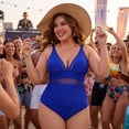 thumbnail image 2 of GRACE & GRANDEUR Women's Plus Size 1 Piece Swimsuit Mesh V Neck Tummy Control Push Up High Waisted Bathing Suit Beach Summer Swimwear Set 4X Blue, 2 of 8