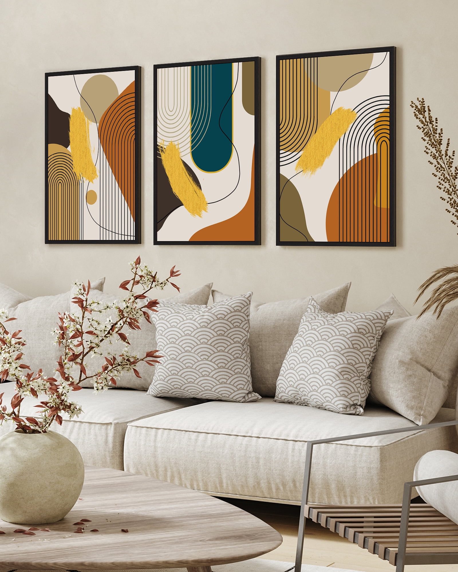 Drsoum 16x24in3pcs Black Framed Boho Abstract Wall Art Modern Minimalist Luxury Gold Line Artwork Decor