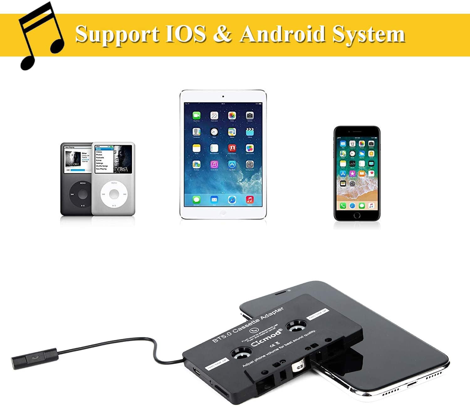 CICMOD Car Audio Cassette Adapter Tape Aux Receiver BT 5.0 for iPhone iPod Android Black 