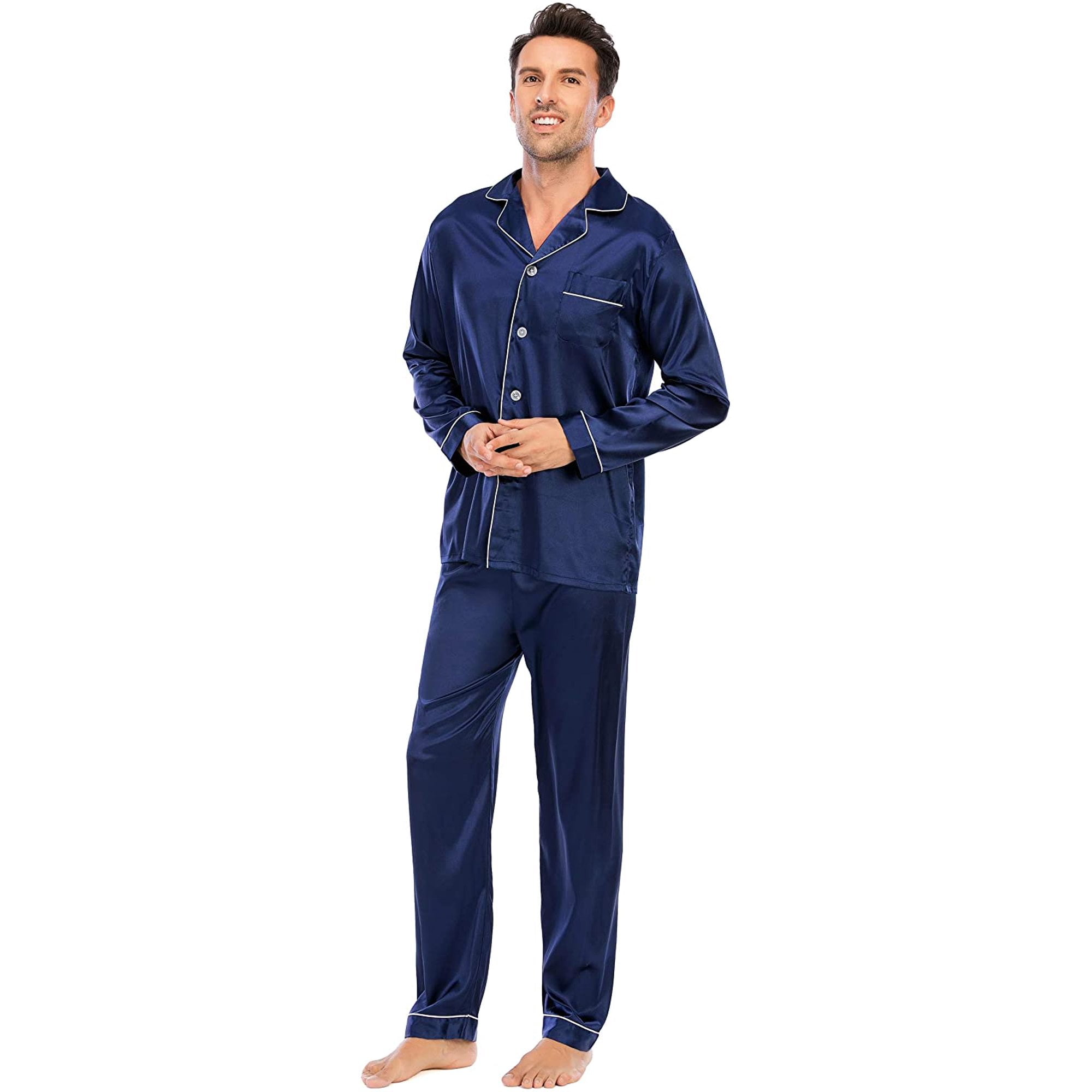 Visland Men's Satin Pajamas Set Long Sleeve Suit Button Solid Color ...