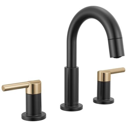 Delta Faucet Nicoli Pull-Down Widespread Bathroom Faucet, Black and Gold Bathroom Sink Faucet, Bathroom Faucet Pull Out, 3-Hole Bathroom Faucet, Matte Black/Champagne Bronze 35749LF-GZPD