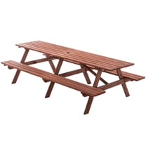 Extra Large 95-Inch Outdoor Picnic Table Set with Benches, 12-Person Wooden Patio Table with Umbrella Hole, Rustic Brown Garden Furniture for Backyard, 240cm
