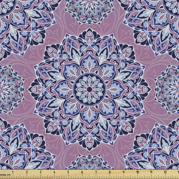 Ambesonne Purple Mandala Fabric by the Yard Upholstery, Oriental Lines, 10 Yards, Dried Rose Pale Blue