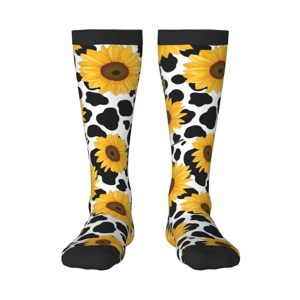 Fotbe Cow Print Sunflower Calcetas Divertidas Estampadas para Hombre y Mujer, Calcetas de Algodón hasta la Rodilla para Caminar, Correr, Enfermería y Embarazo