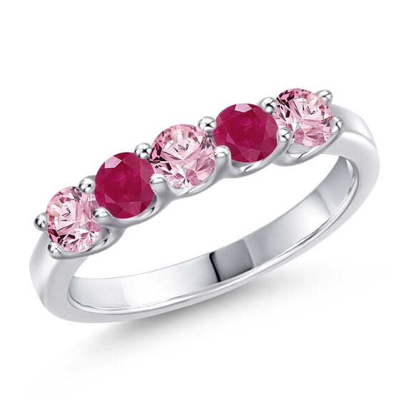 Gem Stone King 925 Sterling Silver Pink Lab Grown Diamond and Red Ruby Wedding-Bands Ring for Women | 1.04 Cttw | Round 3.5MM | Gemstone April Birthstone | Size 5
