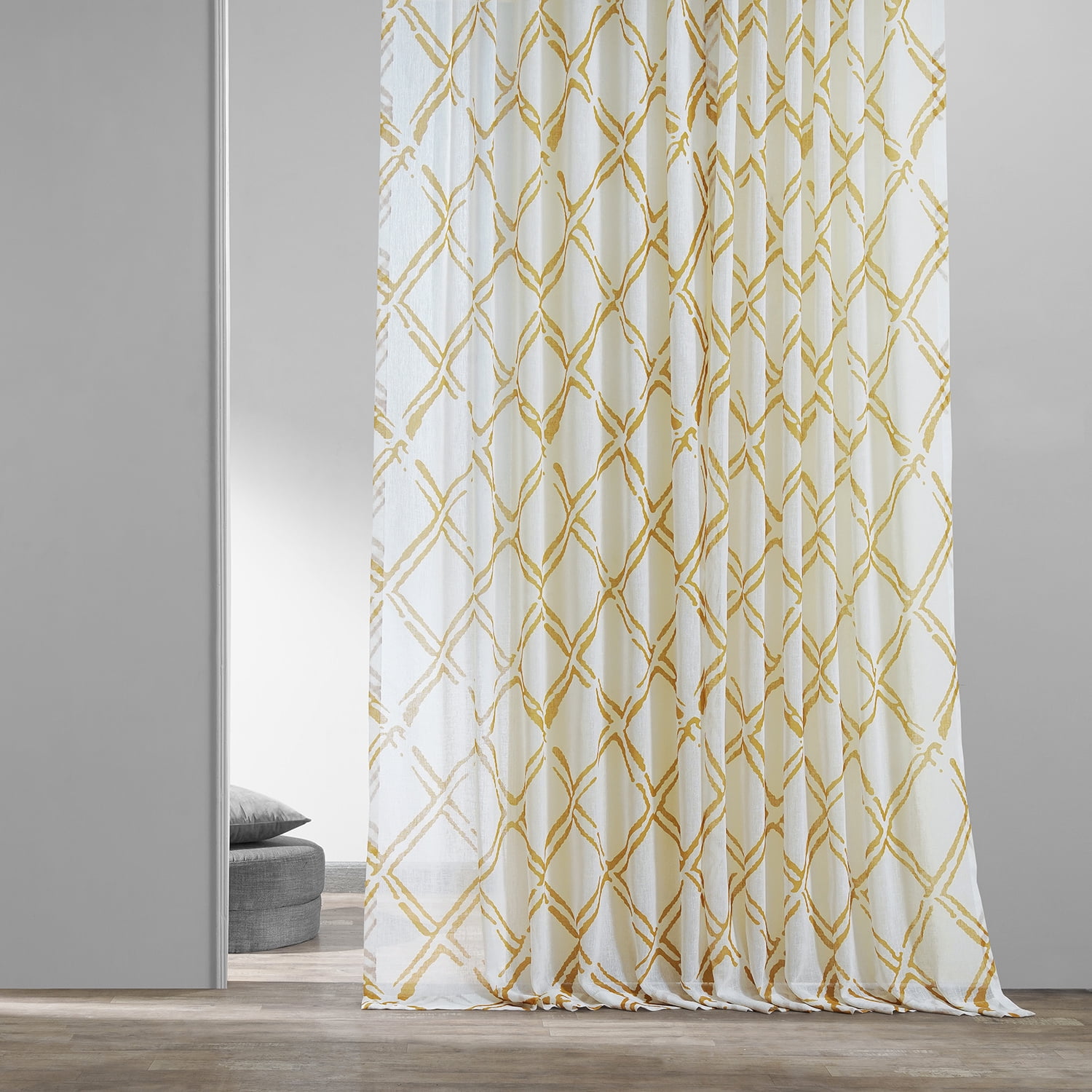 Normandy Gold Printed Faux Linen Sheer Curtain (1 Panel), Normandy Gold, 50W X 96L