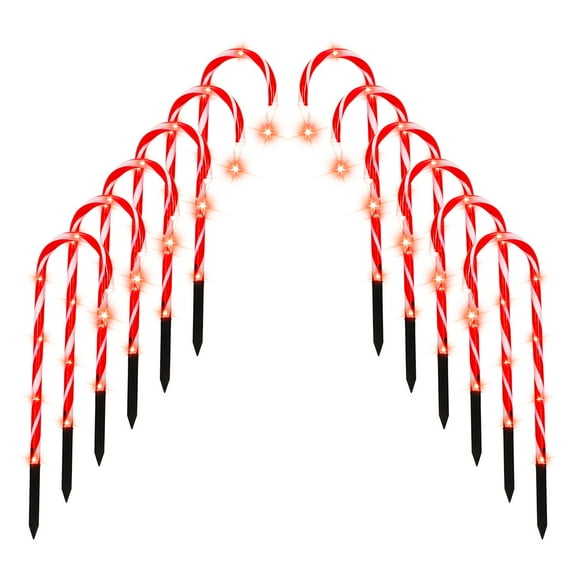 Set of 10 Christmas Candy Cane LED Pathway Lights with Remote Control, Plug-In