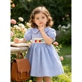 thumbnail image 5 of BemeyourBBs Toddler Baby Girls Back to School Outfit Kids Kindergarten Outfits Little Girl Smokced Dress Letters Apple Bow Embroidery Petter Pan Doll Collar Puff Short Sleeve Summer Plaid Dress, 5 of 9