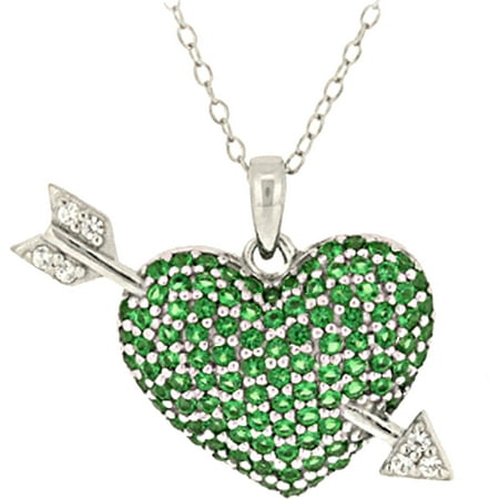 2.9 Carat T.G.W. Emerald and White Topaz Sterling Silver Heart with Arrow Pendant, 18