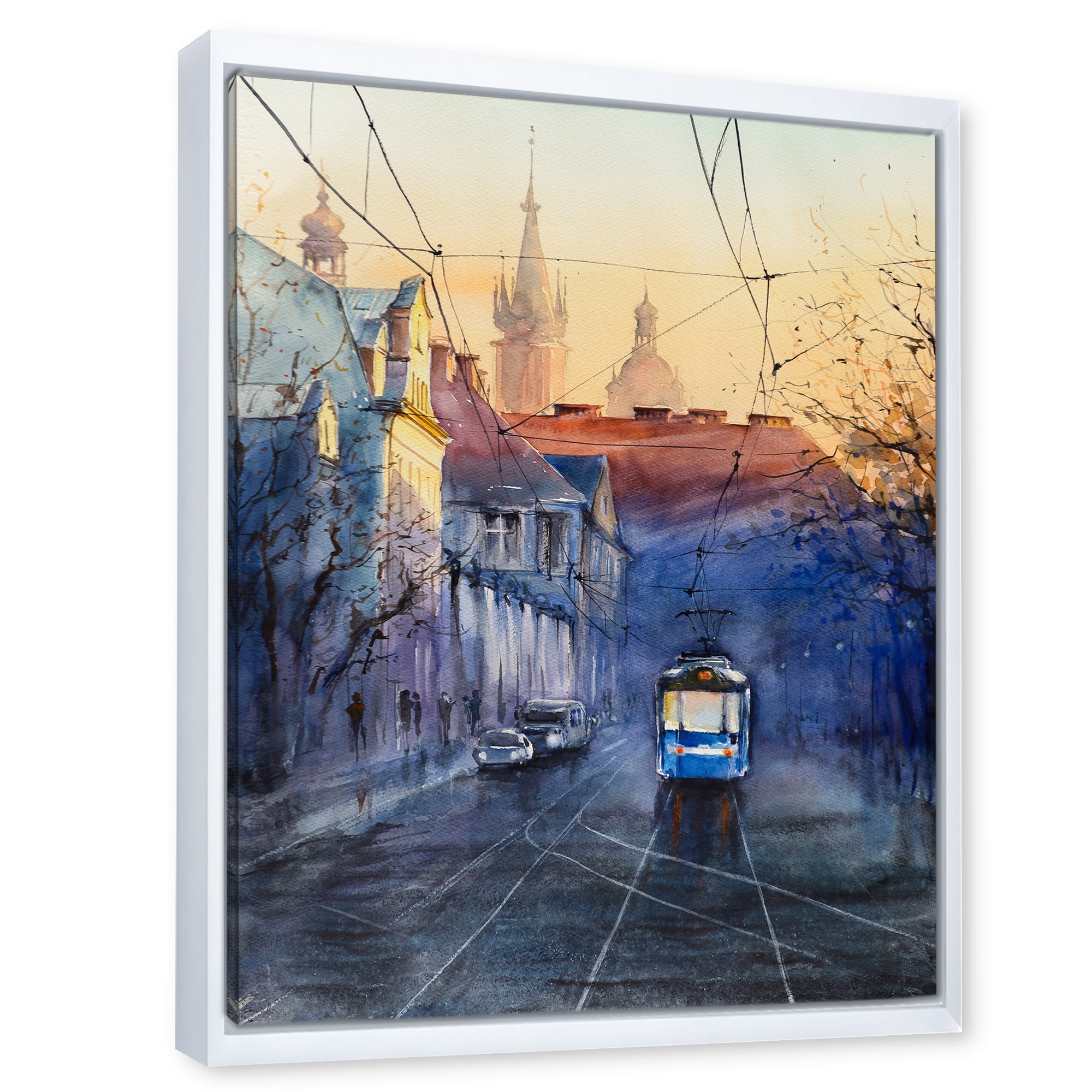 Designart 'Blue Tram At Sunset With Church During Sunset Cityscape' Nautical & Coastal Framed Canvas Wall Art Print
