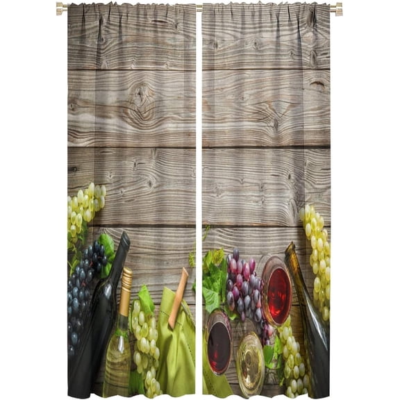 Wine Glass Curtains, Wine Bottle with Grapes and Cork On Wooden Background, Bedroom Living Room Kitchen Decorative Noise Reduction Darkening Curtains, 2 Sets of Panels, 42x63 Inch.