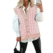 Women Sweater knitted Houndstooth Vest Cardigan Stripes Casual Sleeveless Knit  Winter Cable Knit Tops Pullover