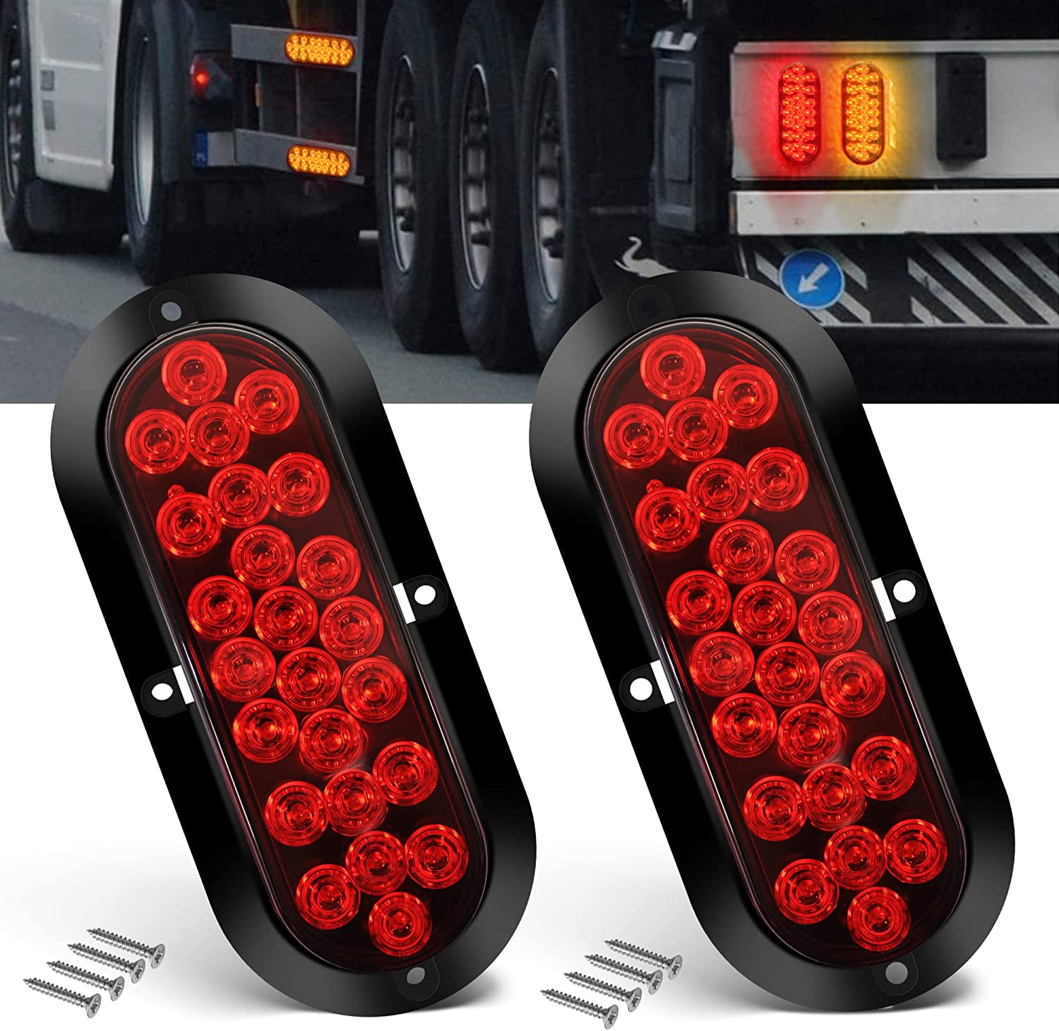 Set of 2 Surface Mount Red/Clear 6 Oval 10 LED Trailer Truck Stop/Turn/Tail Light w/ Chrome Trim 24030 