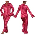 thumbnail image 2 of Osdhezcn Women Ruffle Sleeve Sleepwear Pajamas Set Striped Button Up Shirt and Loose Pant, 2 of 10