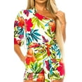 thumbnail image 4 of Off White Nectarine Small Size Women Summer Romper Tie Waist Short Jumpsuit Dresses, 3/4 Long One Shoulder with Pockets, 4 of 5