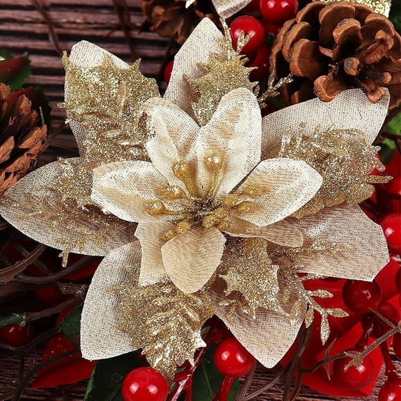 RECUTMS 10 Pcs Christmas Glitter Artificial Poinsettia Flowers 6inch Christmas Wreath Christmas Tree Flowers Ornaments Holiday Seasonal Decorations (Gold, 6inch)