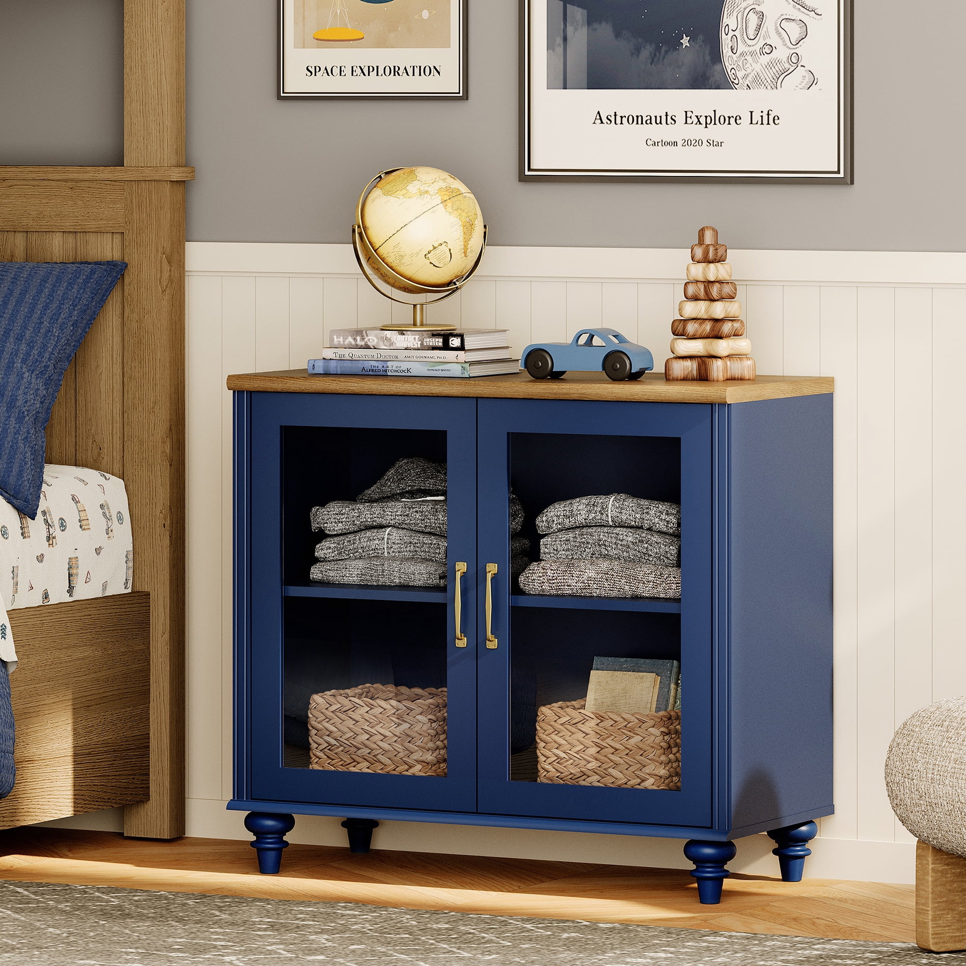 Navy Blue Set of 2 Farmhouse Nightstand with Glass Doors, Mid Century Modern Wide Storage Side Table for Bedroom and Living Room