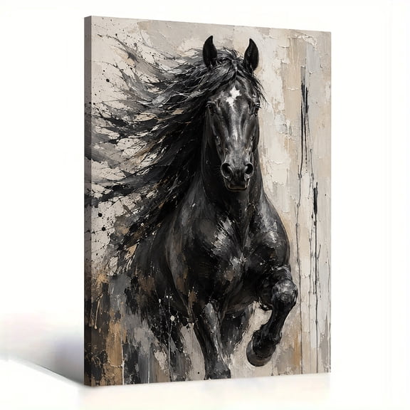 Black Stallion Horse Canvas Wall Art Modern Abstract Running Horse Poster Heavy Texture Painting Living Room Bedroom Equestrian Decor Print Ready to Hang 8*12