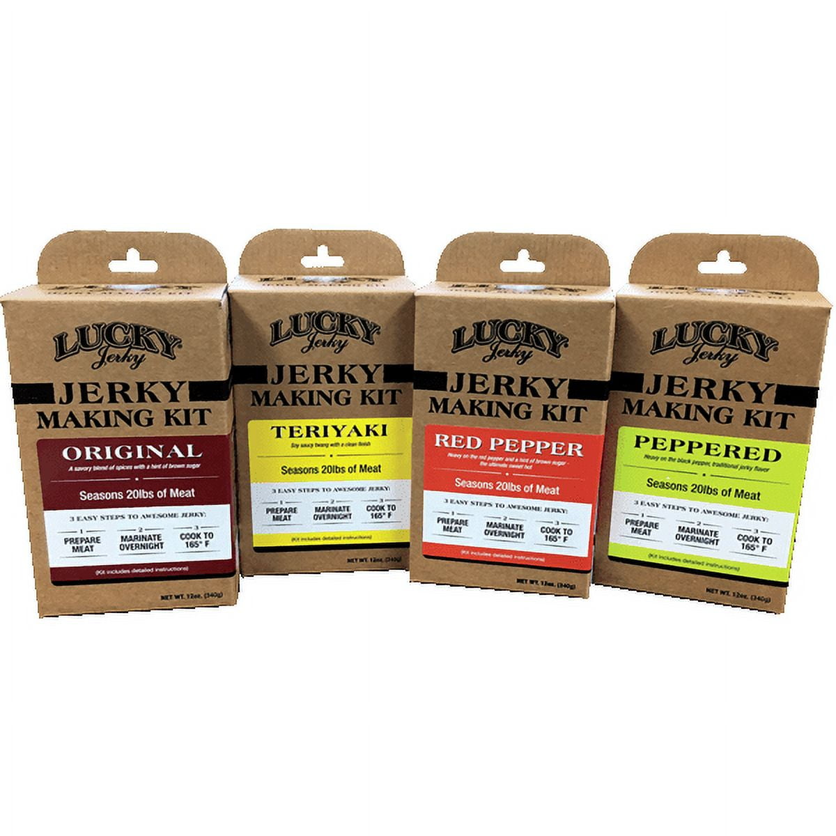 Lucky Beef Jerky DIY master pack - 4 flavors (Peppered, Teriyaki, Original, Red Pepper) - Seasoning it for 80 lbs of meat