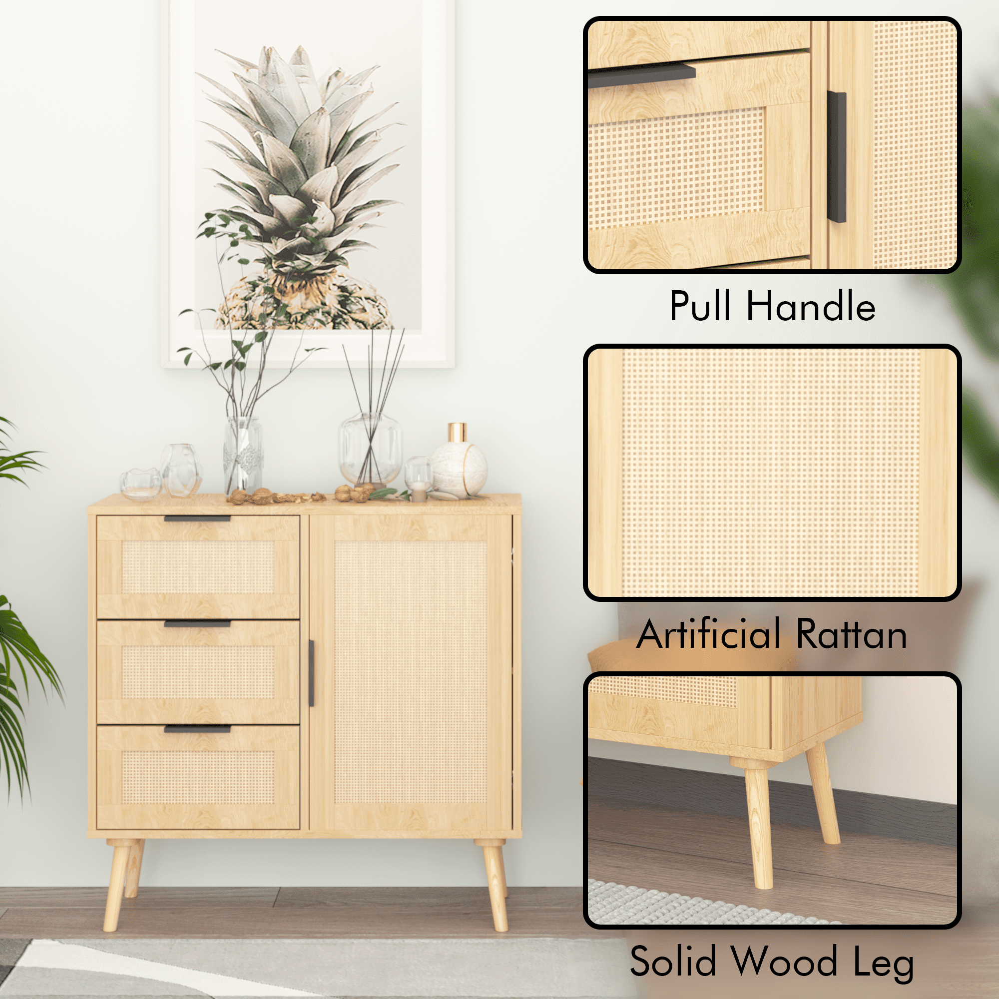 Modern Sideboard Buffet Cabinet with 3 Drawer,Rattan Wood Dresser for Bedroom,Living Room,Entryway,Hallway,Natural