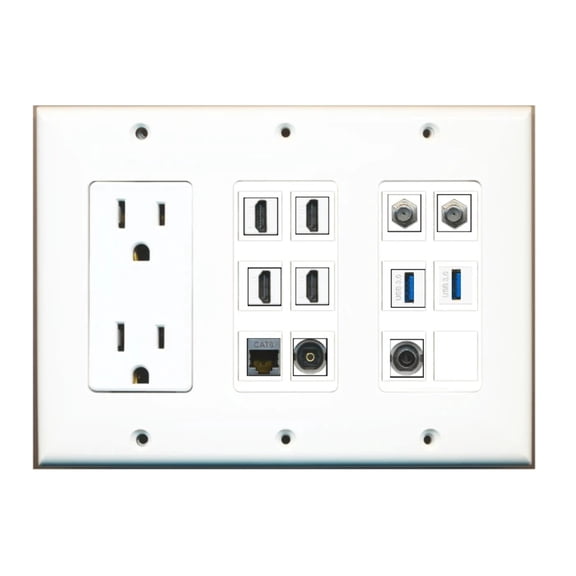 Ultra Spec Cables Custom Wall Plate 15 Amp Power Outlet White with up to 12 Keystone Ports