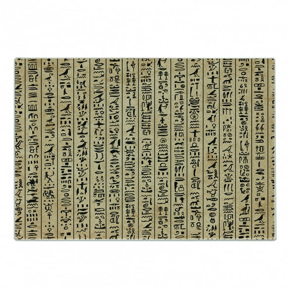 Egyptian Print Cutting Board, Hieroglyphs Grunge Pattern on Stripes Archeology History Language, Decorative Tempered Glass Cutting and Serving Board, Small Size, Sand Brown Black, by Ambesonne