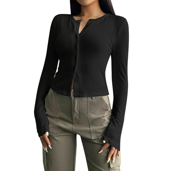 Women's Cropped Cardigans Sweater Casual Button Down Shirts Long Sleeve Crewneck Basic Classic Jacket Soft Lightweight Solid Top Fall Outfits